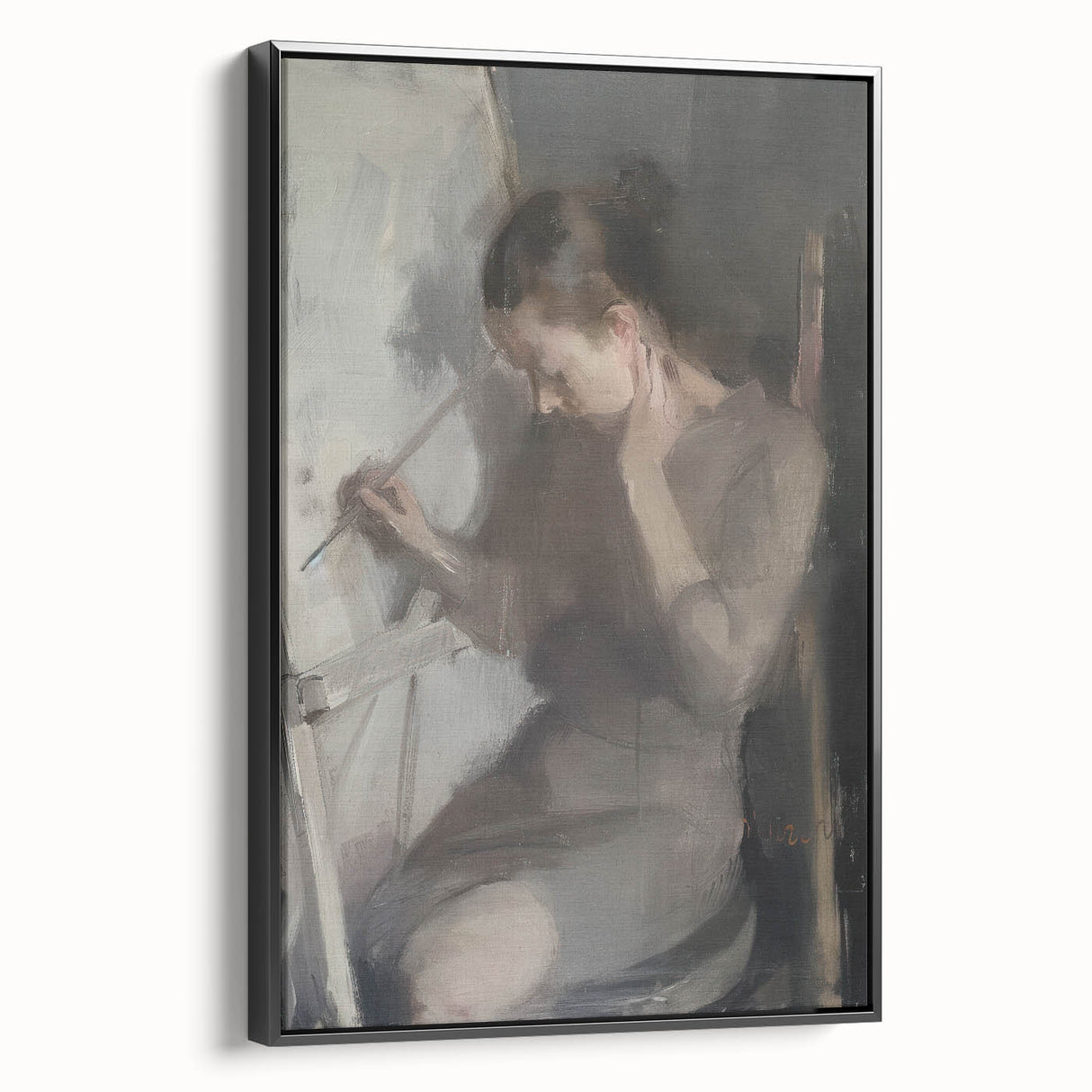 Abstract figurative framed canvas artwork showcasing bold black tones and intricate patterns, elegantly displayed from a side view, perfect for modern home decor.