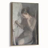 Abstract figurative framed canvas artwork showcasing a gold color palette, viewed from the side, highlighting its elegant design and sleek frame. Ideal for modern home decor.