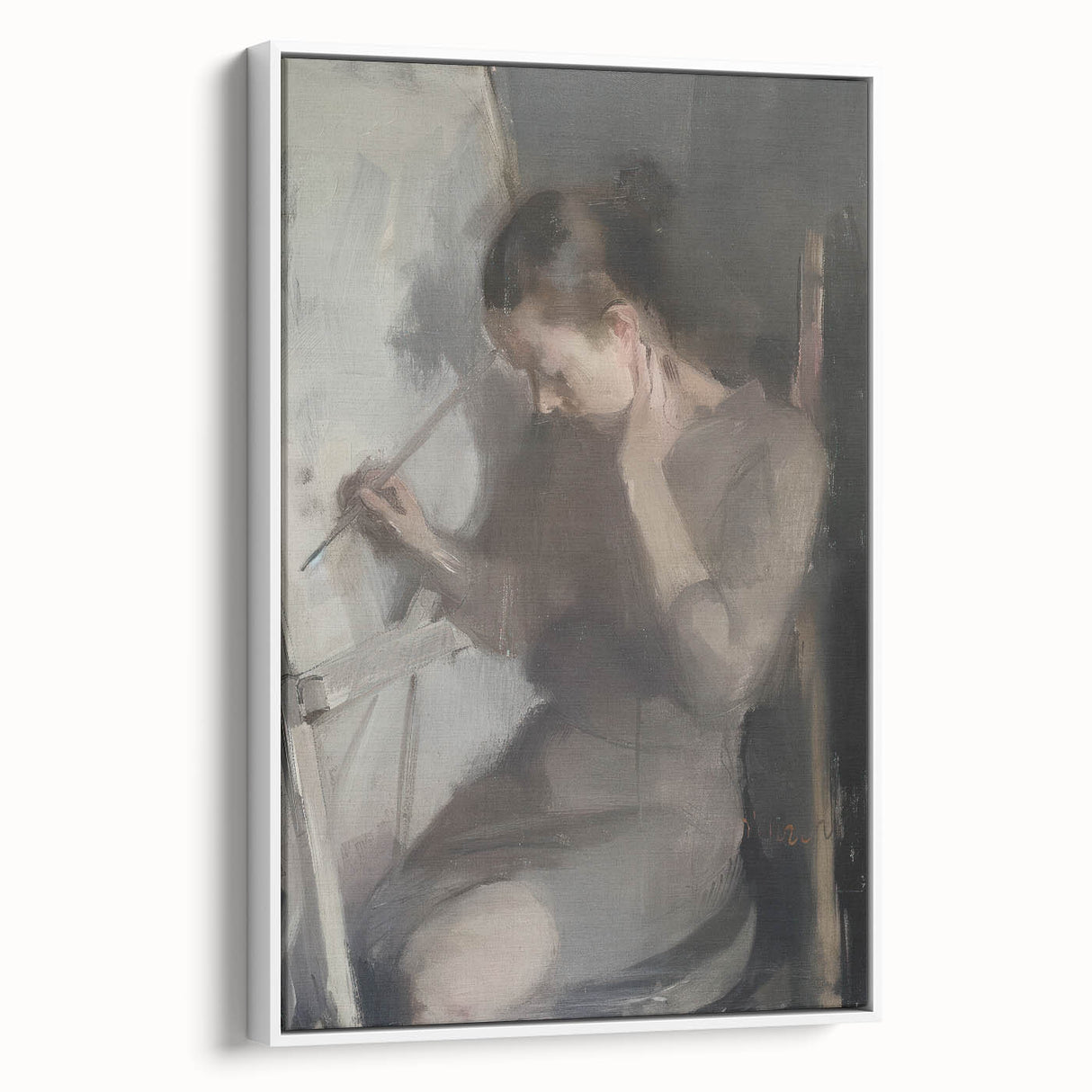Abstract figurative framed canvas artwork showcasing a minimalist design with soft white tones and fluid shapes, adding a modern touch to any room decor. Perfect for enhancing contemporary interiors.