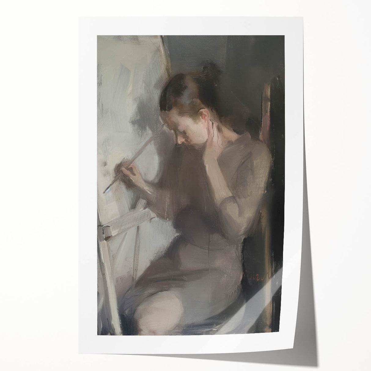 Abstract figurative rolled print showcasing vibrant colors and dynamic shapes, ideal for modern home decor, presented in a protective cardboard tube.