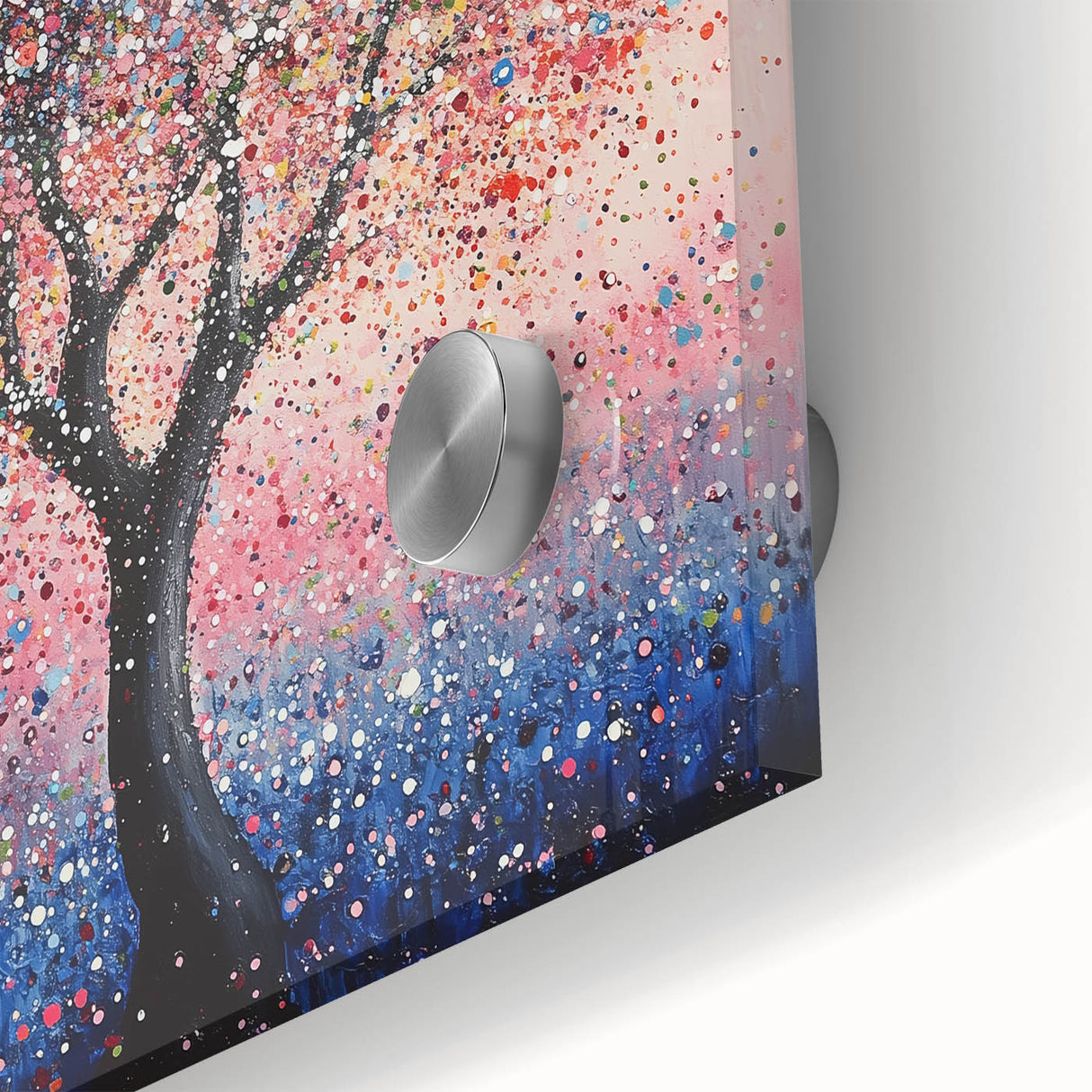 Close-up view of vibrant abstract floral artwork on acrylic glass, showcasing intricate details and rich colors, perfect for modern home decor or gallery displays.