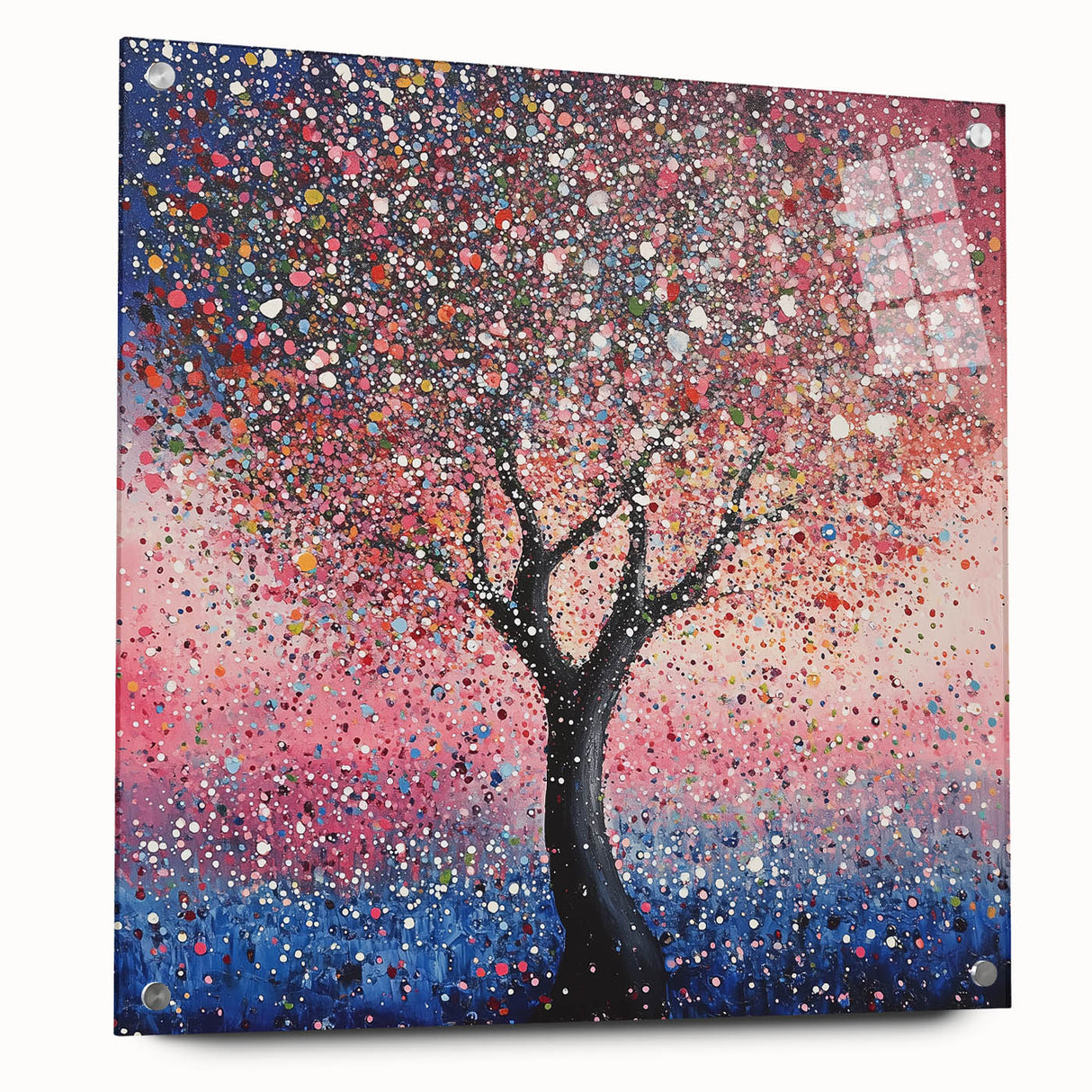 Abstract floral design in vibrant colors on acrylic glass, showcasing intricate patterns and textures, displayed from a side view with metal pins for mounting.