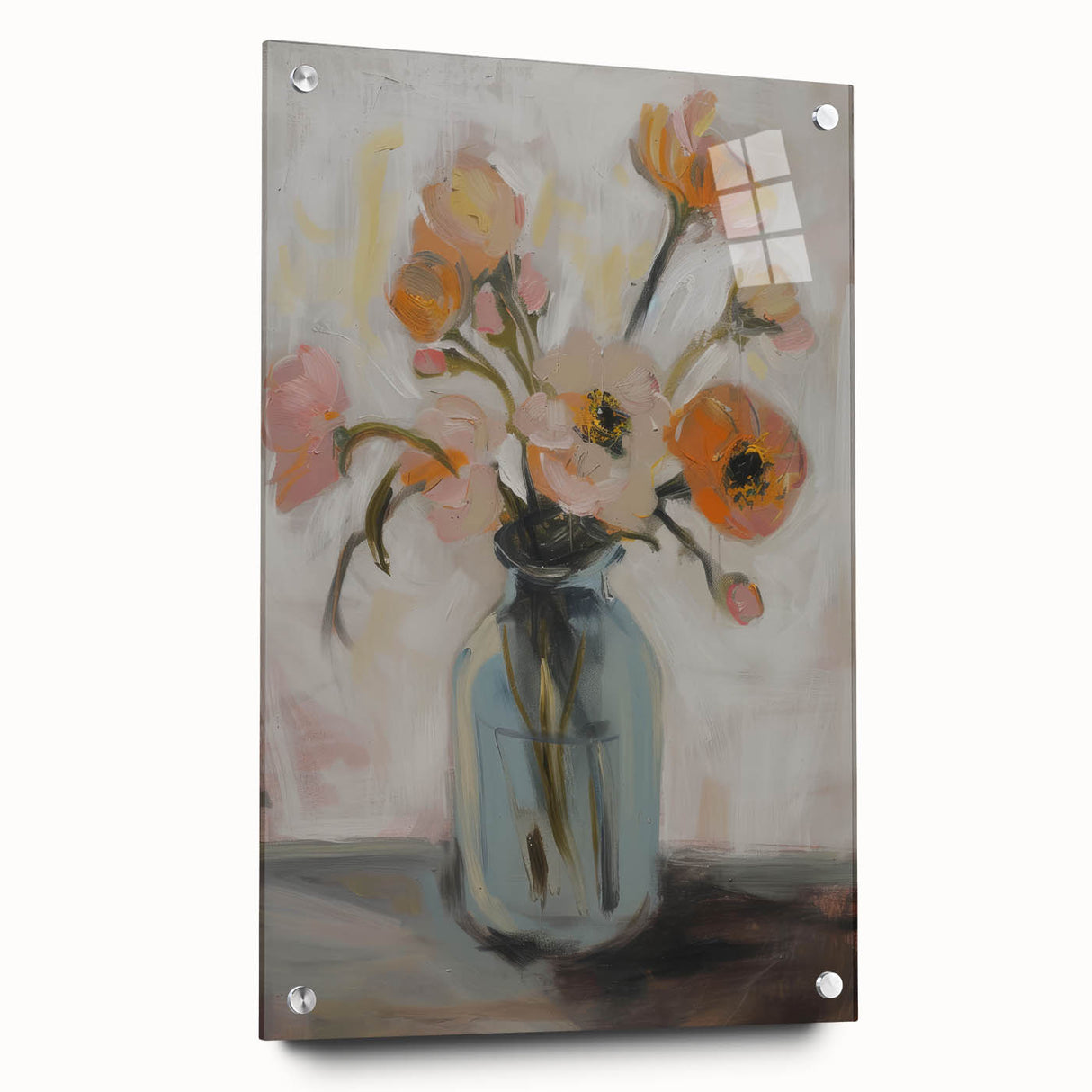 Abstract floral acrylic glass art piece showcasing vibrant colors and intricate designs, elegantly displayed from the side with decorative pins. Perfect for modern home decor.
