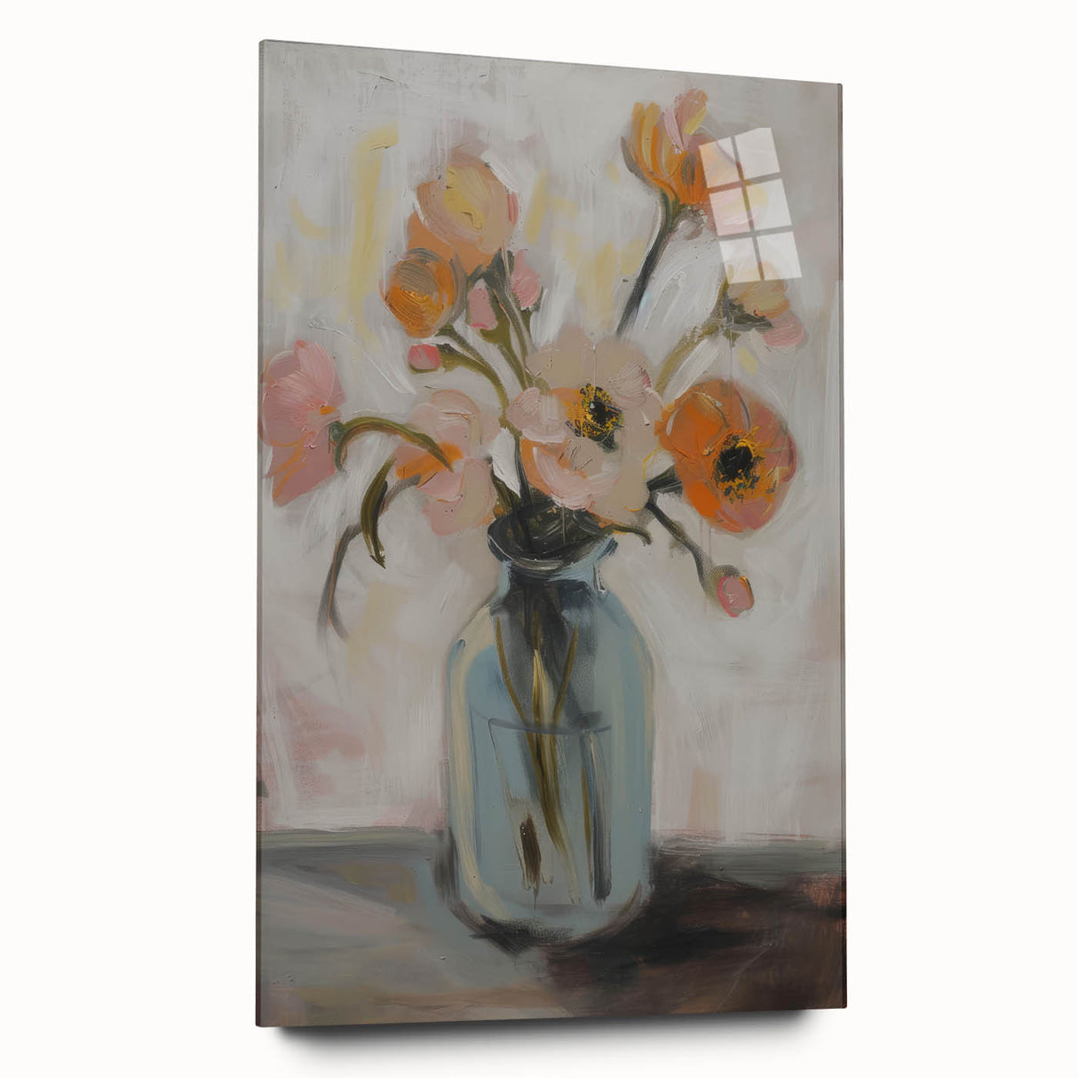 Elegant abstract floral acrylic design on a glass panel, showcasing vibrant colors and intricate patterns, ideal for modern home decor or art displays.