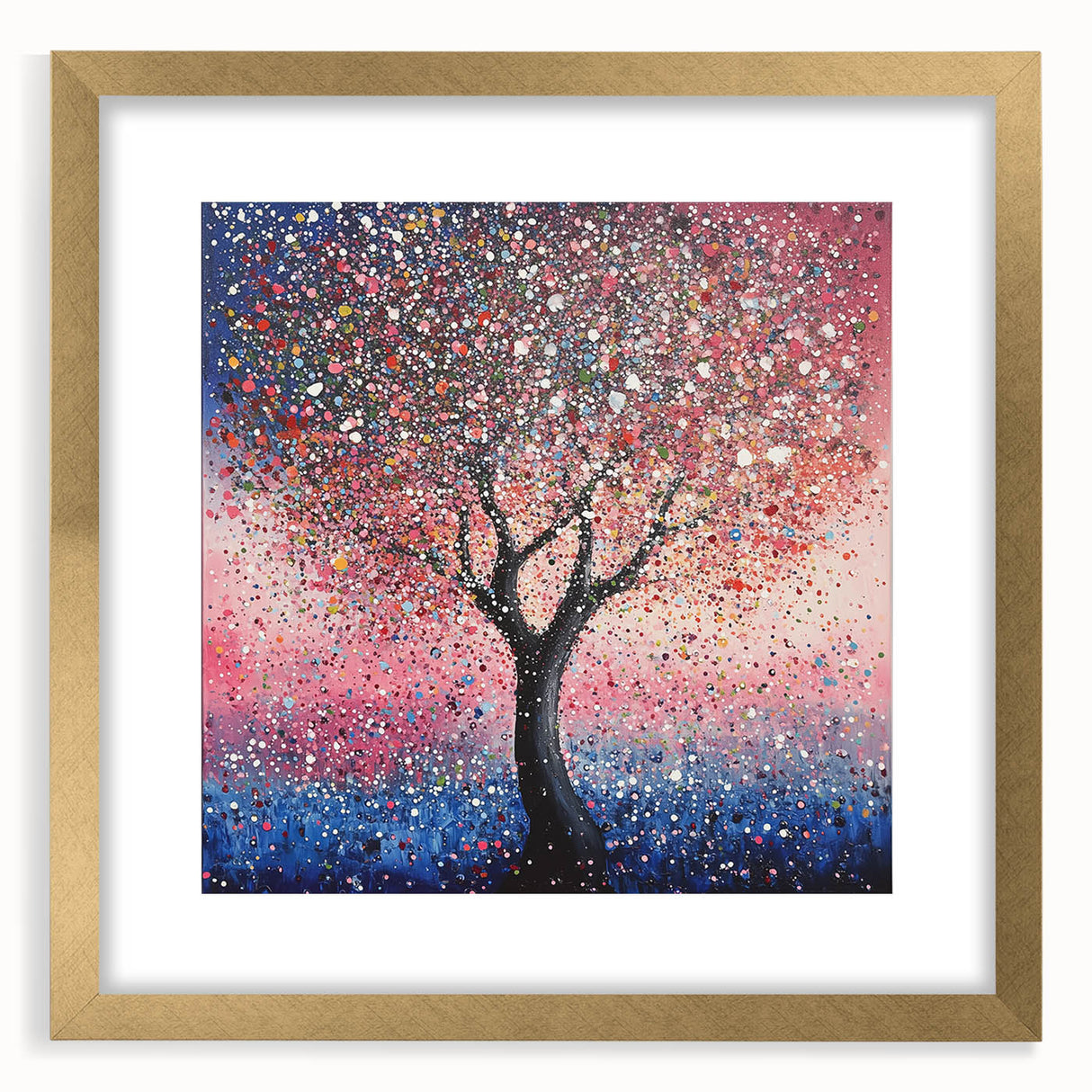 Abstract floral frame design featuring gold accents and a mat, showcasing vibrant colors and intricate patterns, ideal for modern home decor or art display.