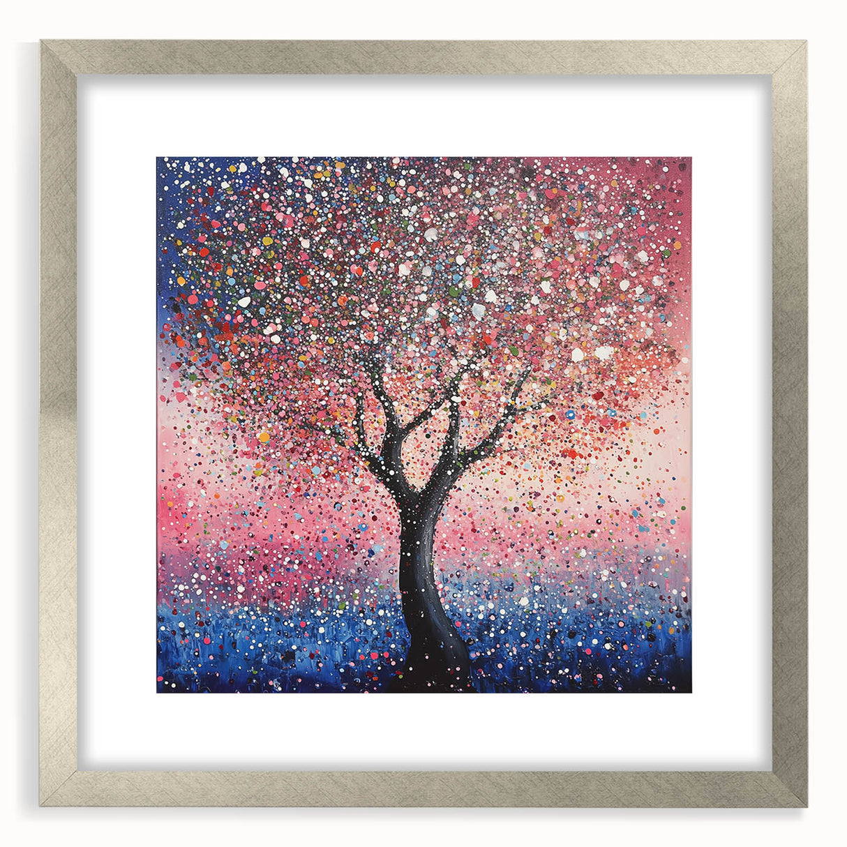 Elegant silver frame showcasing an abstract floral design with a matte finish, perfect for enhancing modern home decor. The artwork features vibrant colors and intricate details, making it an eye-catching piece for any living space. Ideal for those seeking stylish and contemporary wall art that adds a touch of sophistication.