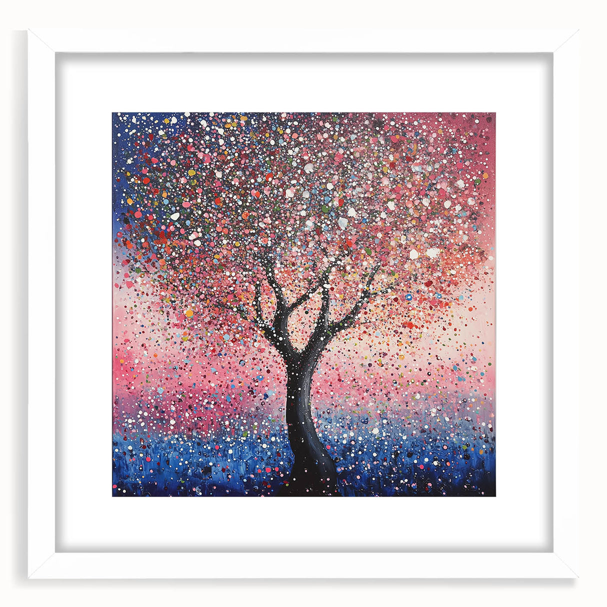 Abstract floral frame design in white matting, showcasing colorful blooms and leaves, perfect for home decor or art display. Ideal for brightening any space.