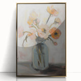 Framed acrylic artwork showcasing vibrant abstract florals in shades of pink, gold, and green, enhancing modern home decor with a touch of elegance.