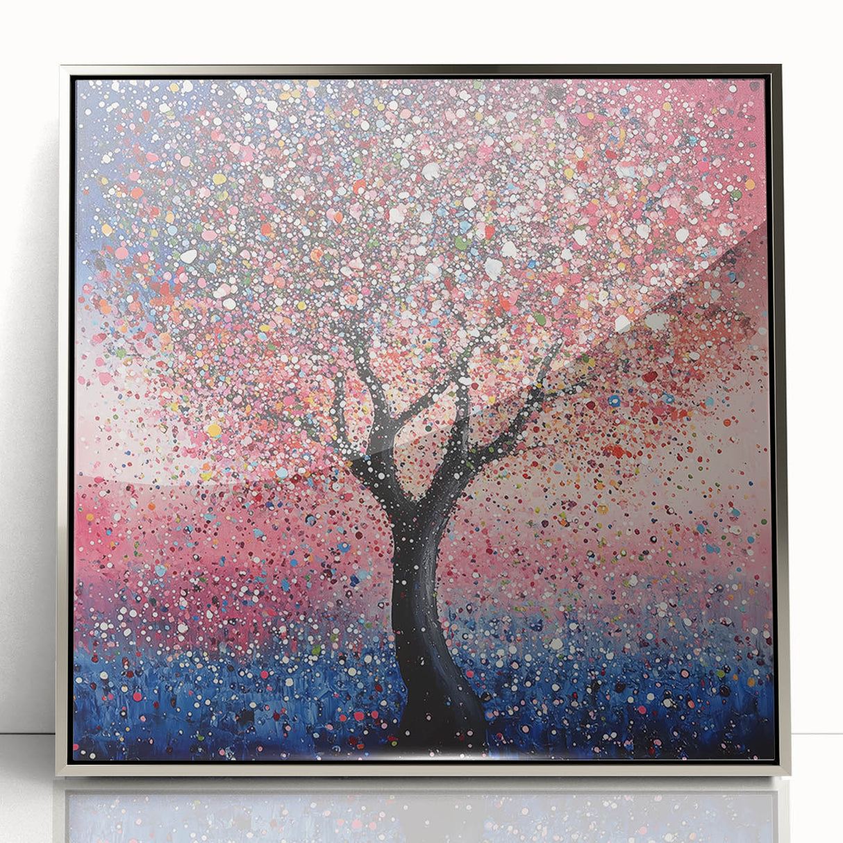 Framed acrylic artwork featuring vibrant abstract floral designs in silver tones, perfect for modern home decor. Ideal for enhancing living spaces with a stylish touch.