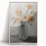 Framed acrylic print showcasing vibrant abstract floral design in hues of pink, green, and blue, set against a crisp white background for modern decor.