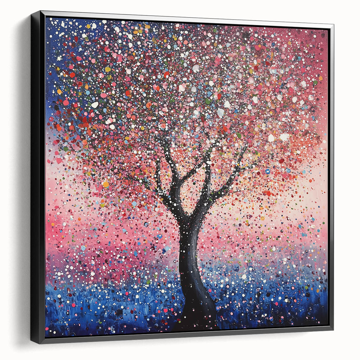 Framed canvas artwork showcasing abstract floral designs in vibrant colors, presented in a sleek black frame, ideal for modern home decor. Perfect for adding a touch of elegance to any room.