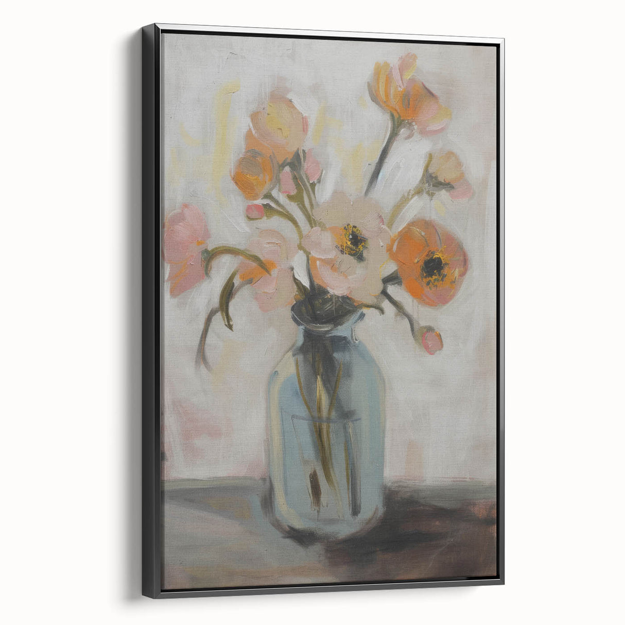 Framed canvas artwork displaying abstract floral designs in vibrant colors, set against a sleek black frame, perfect for modern home decor.
