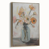 Framed canvas artwork showcasing an abstract floral design in vibrant colors, featuring a gold frame. The side view highlights the canvas texture and elegant presentation, perfect for modern home decor.