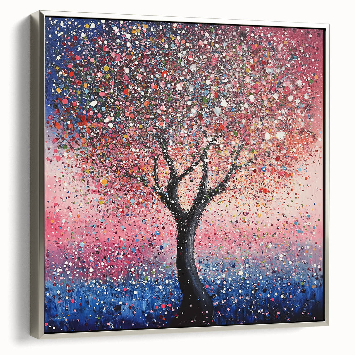 Framed canvas artwork showcasing vibrant abstract floral designs in rich colors, highlighted by a sleek silver frame, ideal for modern home decor.