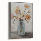 Framed canvas artwork displaying abstract floral designs in vibrant colors, featuring a sleek silver frame, ideal for modern home decor enhancements.