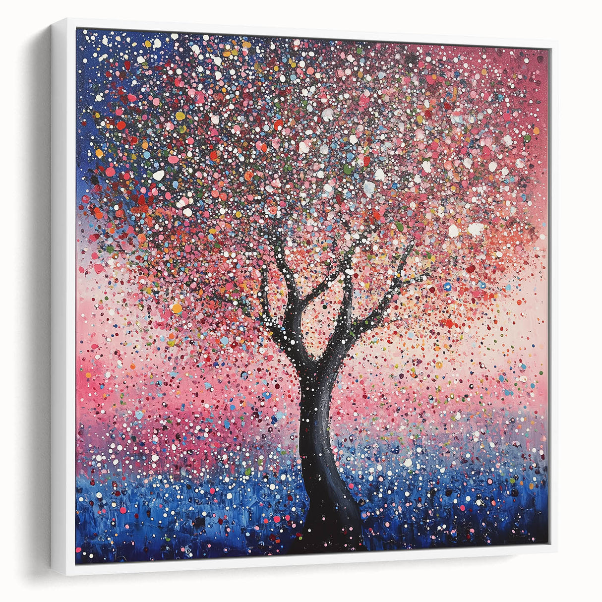 Framed canvas artwork displaying abstract floral designs in vibrant colors, featuring a sleek white frame and side view showcasing its depth and elegance, ideal for modern decor.