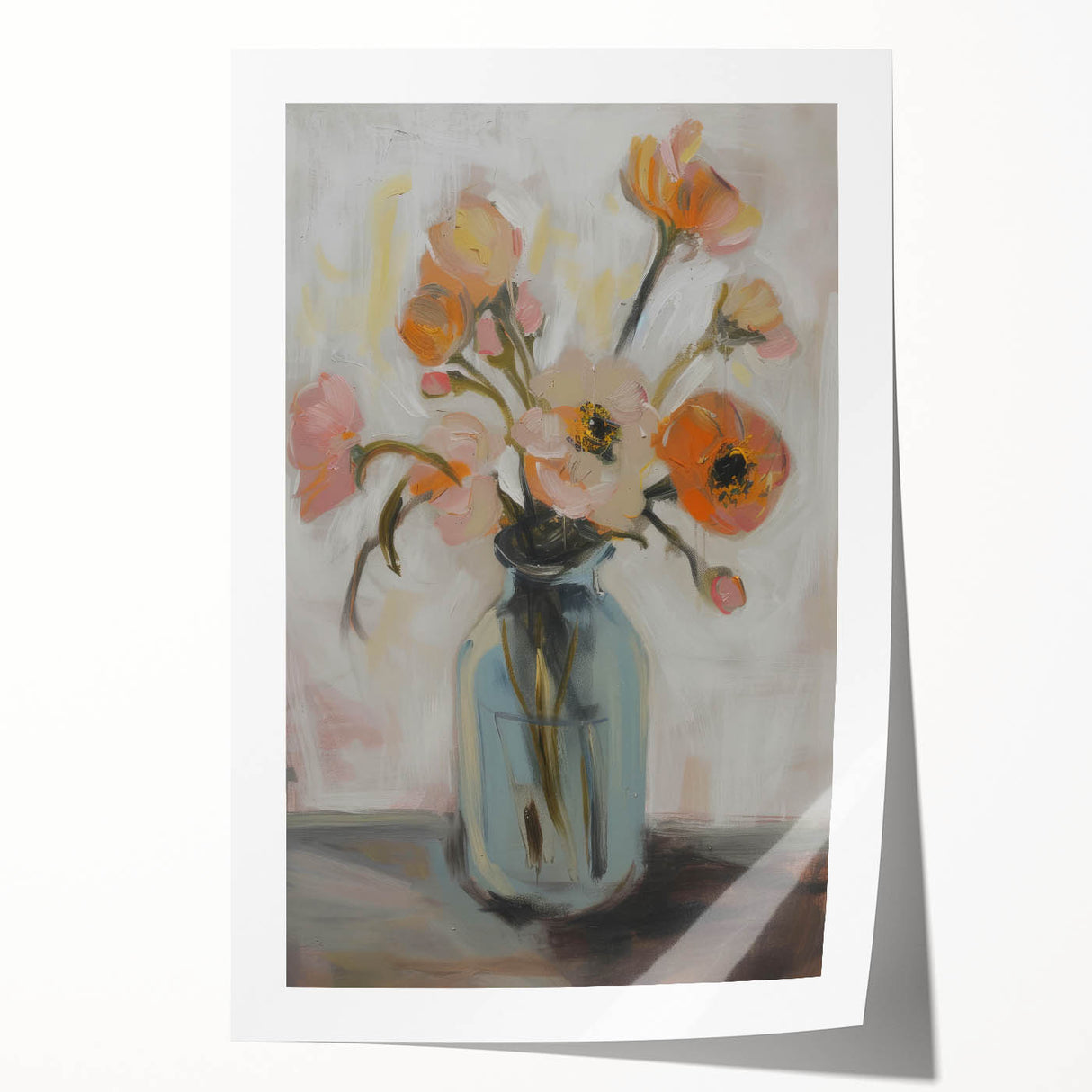 Colorful abstract floral design on a rolled canvas print, showcasing vibrant hues of pink, yellow, and green, ideal for modern home decor. The print is securely packaged in a durable cardboard tube for safe transportation.