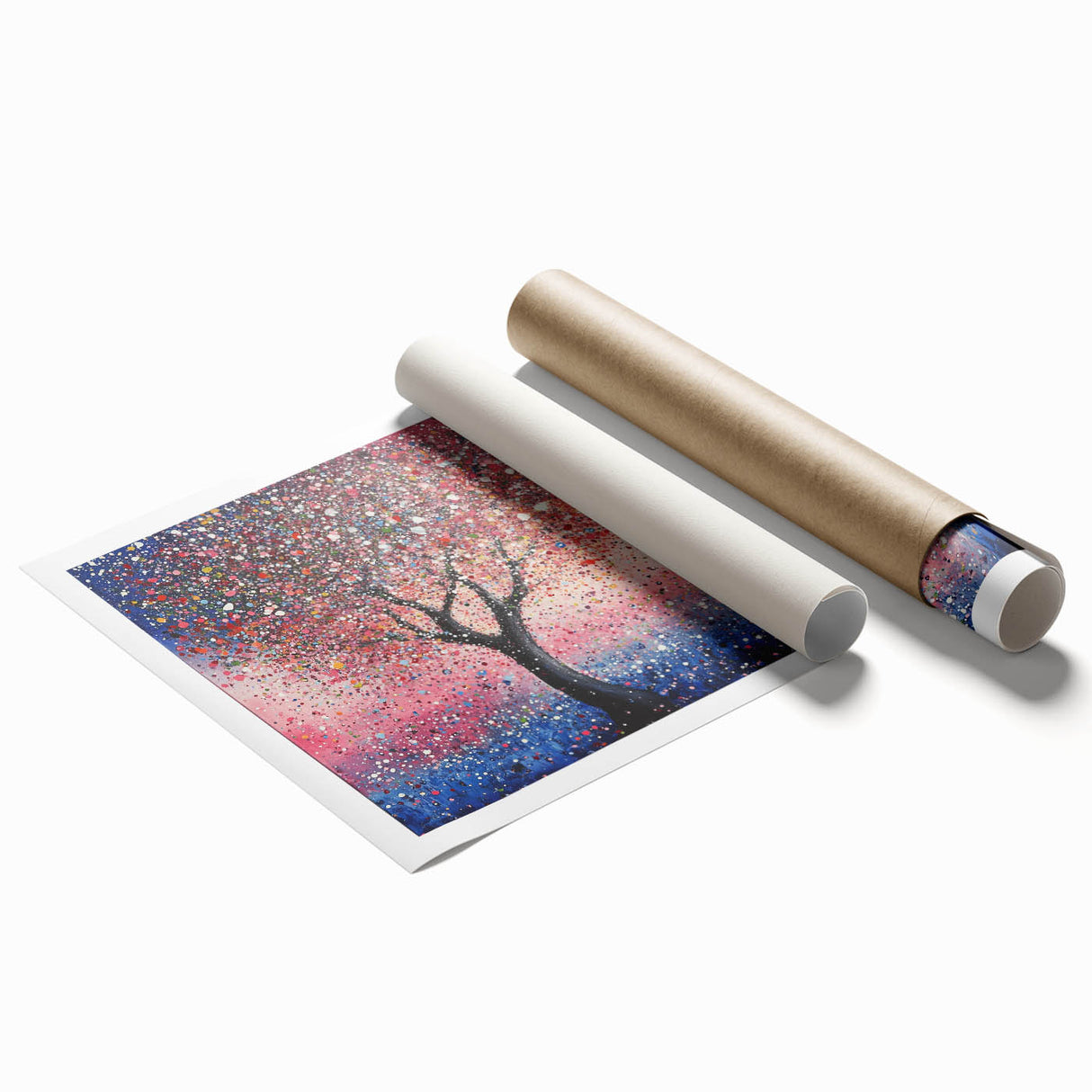 Vibrant rolled print showcasing abstract floral designs in soft pastel colors, ideal for home decor. Perfect for adding a contemporary touch to any space.