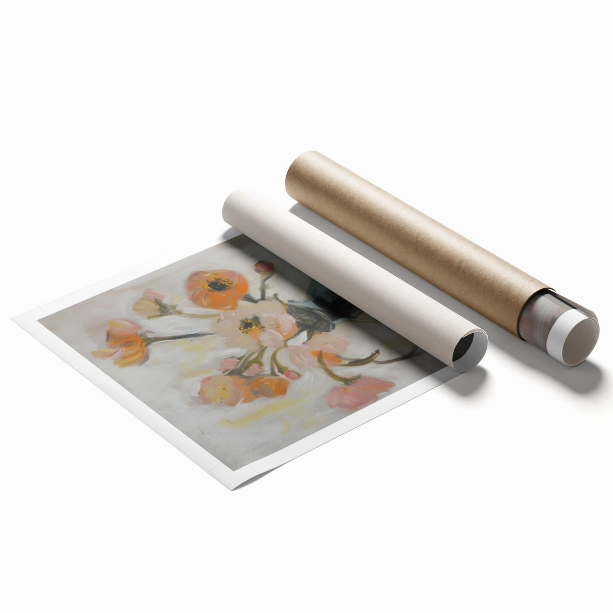 Abstract floral rolled print showcasing vibrant colors of pink, blue, and green, elegantly designed for modern home decor, packaged securely in a protective tube.