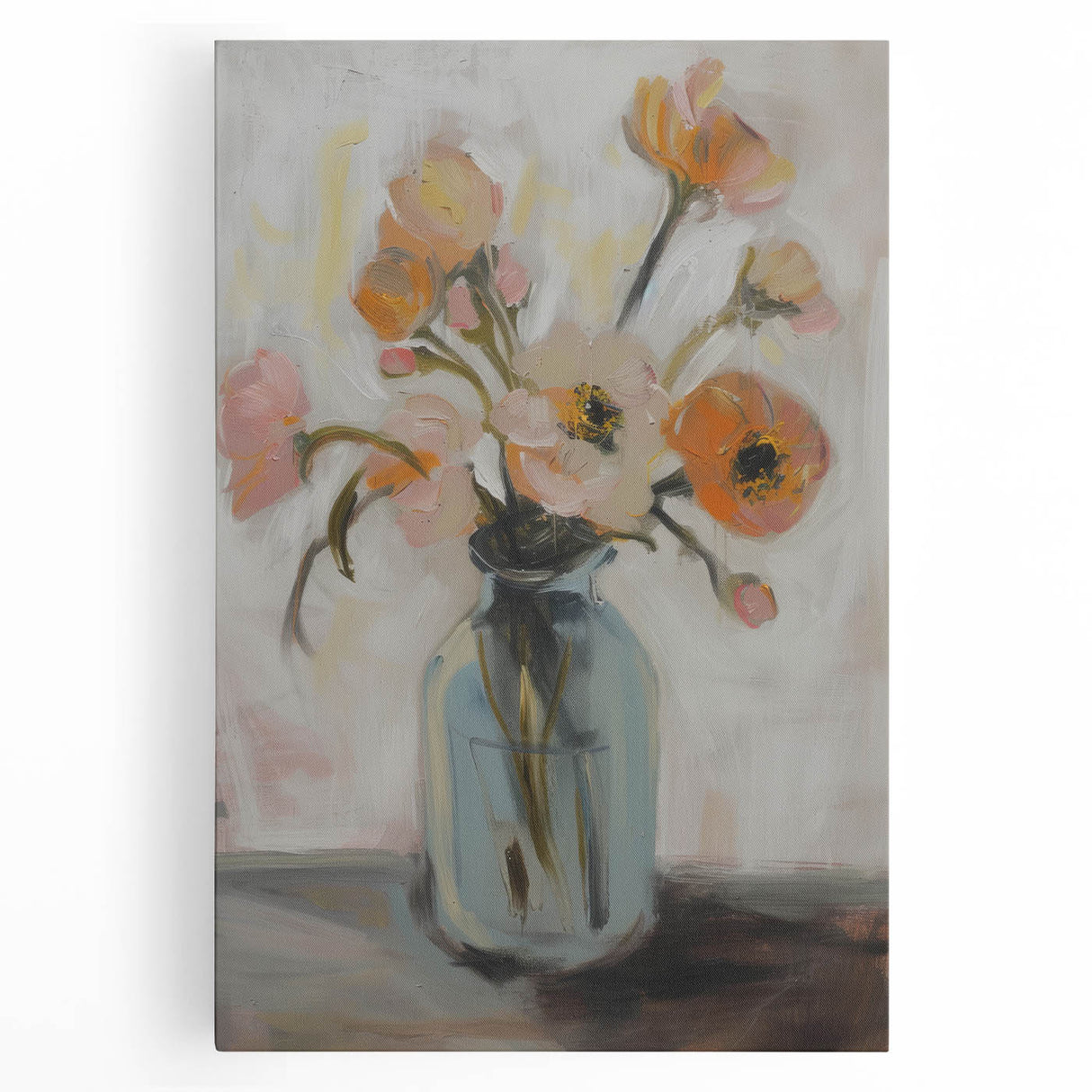 Abstract floral canvas art showcasing vibrant hues of pink, green, and gold, elegantly stretched on a wooden frame, perfect for modern home decor.