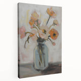 Stretched canvas artwork showcasing vibrant abstract florals in rich blues, pinks, and greens, designed to enhance modern home decor with a sleek side view.