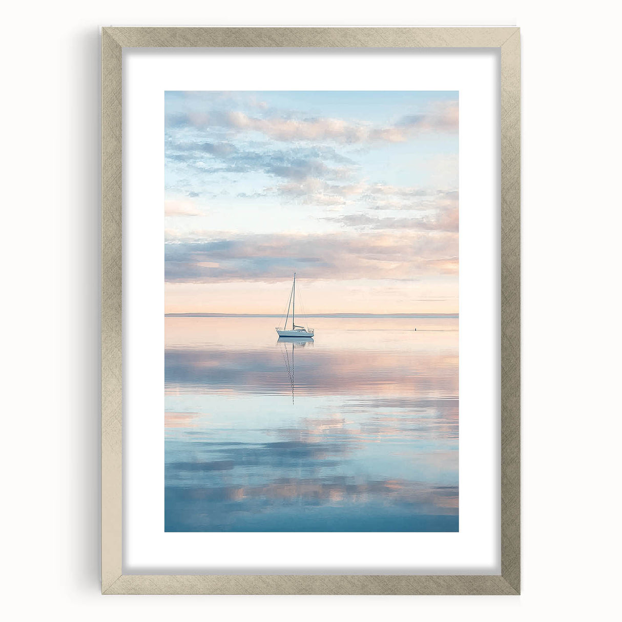 Abstract landscape framed artwork with a silver mat, showcasing a blend of soft colors and intricate patterns, perfect for modern home decor.