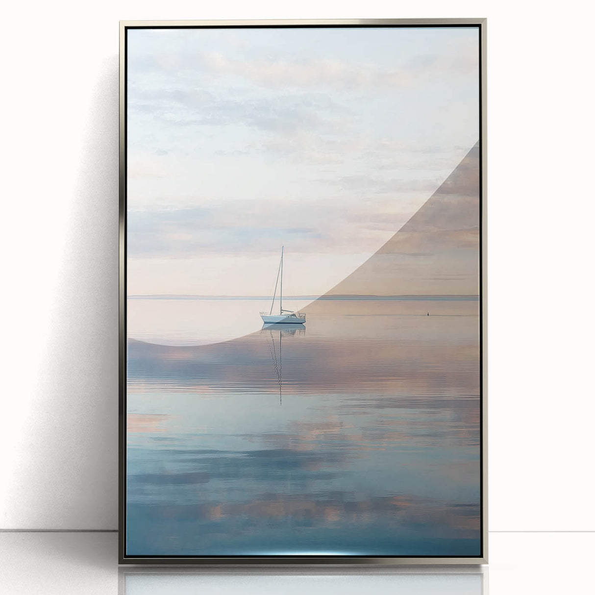Framed abstract landscape artwork in silver acrylic, showcasing vibrant colors and dynamic shapes, perfect for modern home decor or office settings.