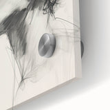 Close-up of an abstract minimalist wall art piece featuring soft pastel colors and geometric shapes, displayed on acrylic glass for a sleek modern finish.