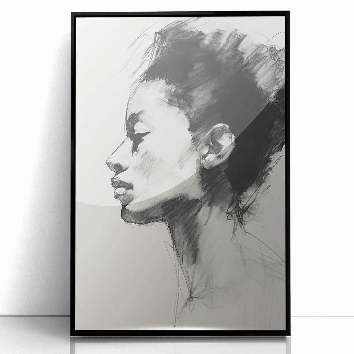 Framed abstract minimalist wall art featuring a black acrylic design with sleek lines, showcasing modern elegance ideal for contemporary home decor.
