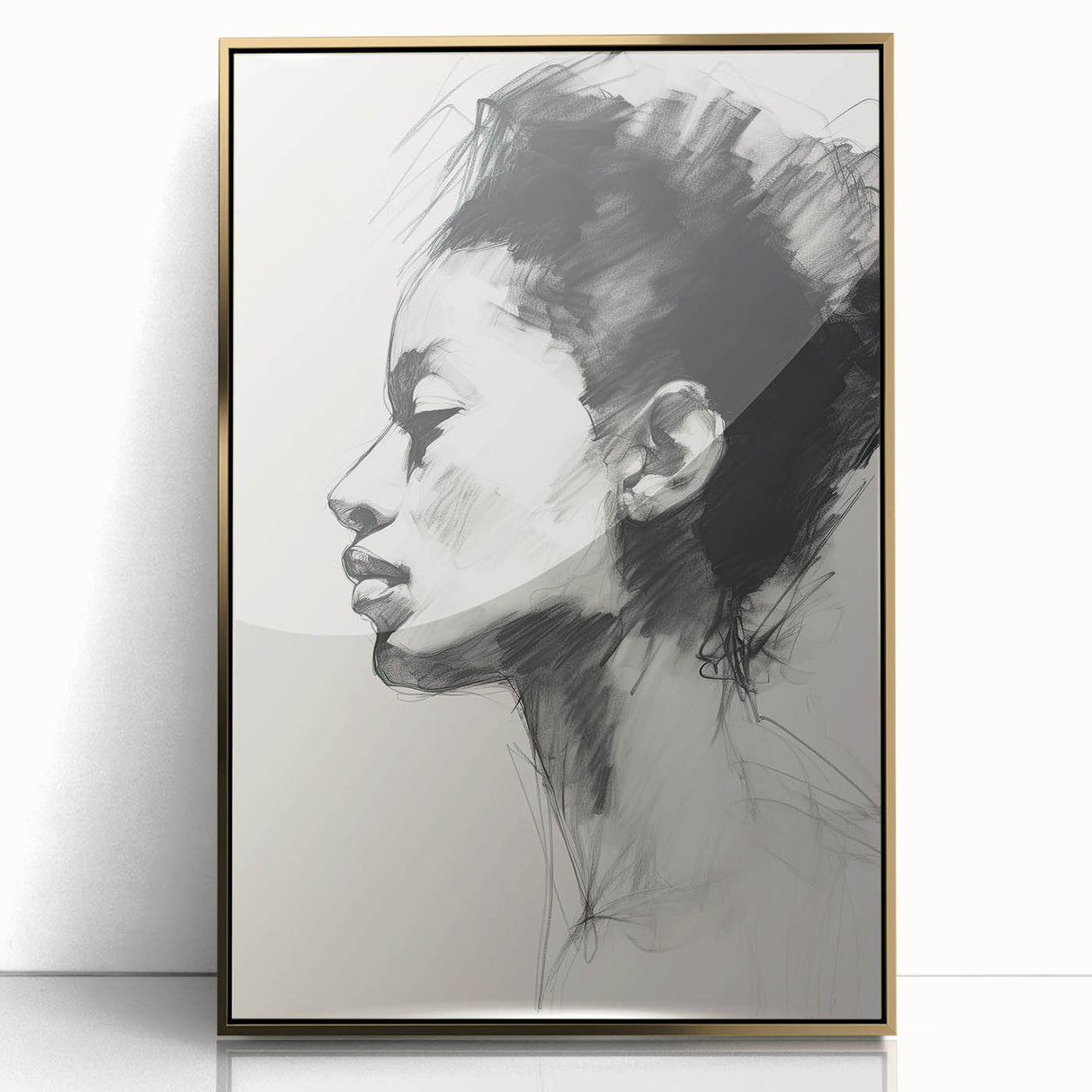 Framed abstract minimalist wall art featuring a gold and black design, perfect for modern home decor. The acrylic frame adds a sleek touch to any interior.