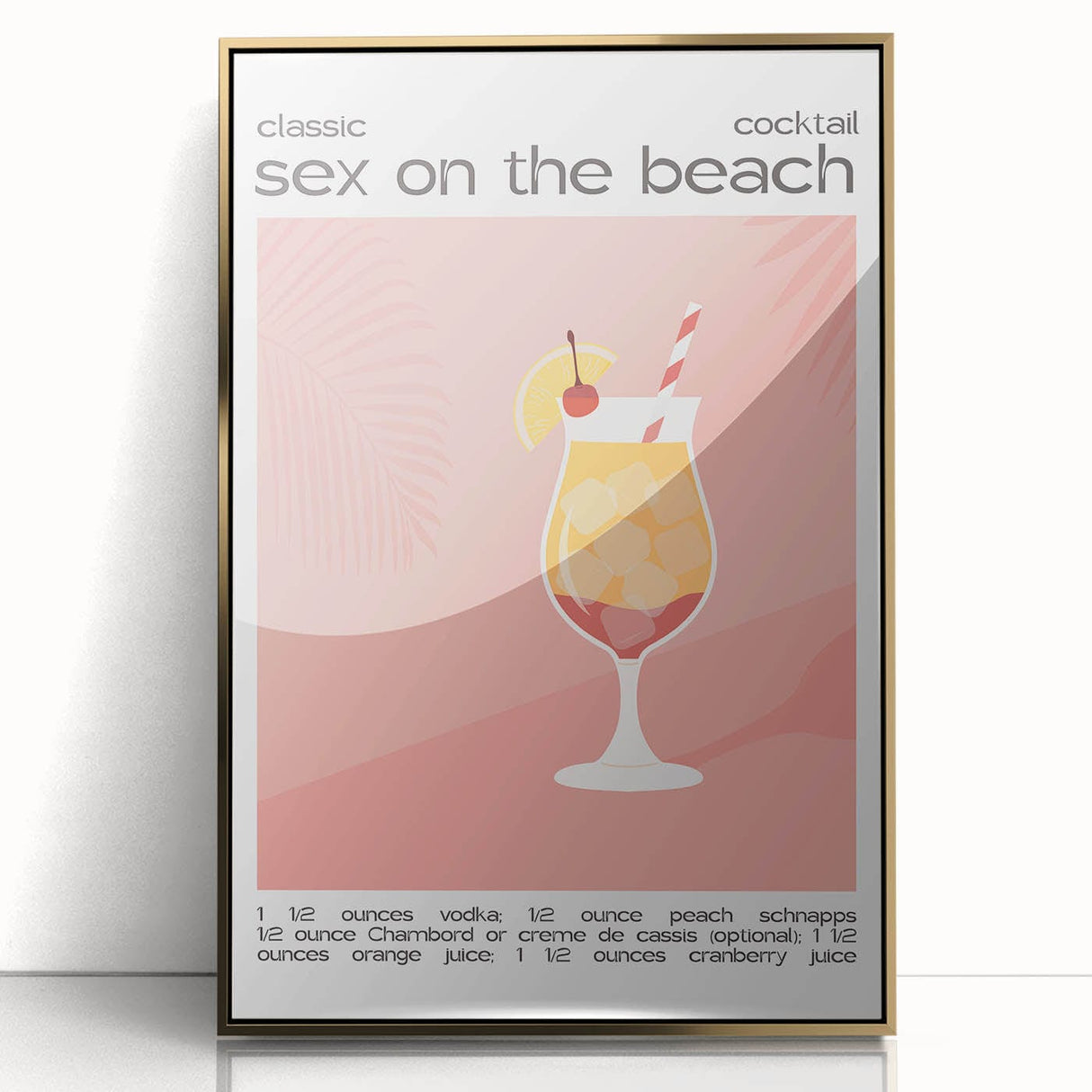 Large art print of food and drinks in mid-century modernist style on framed acrylic, featuring gold and earth tones.