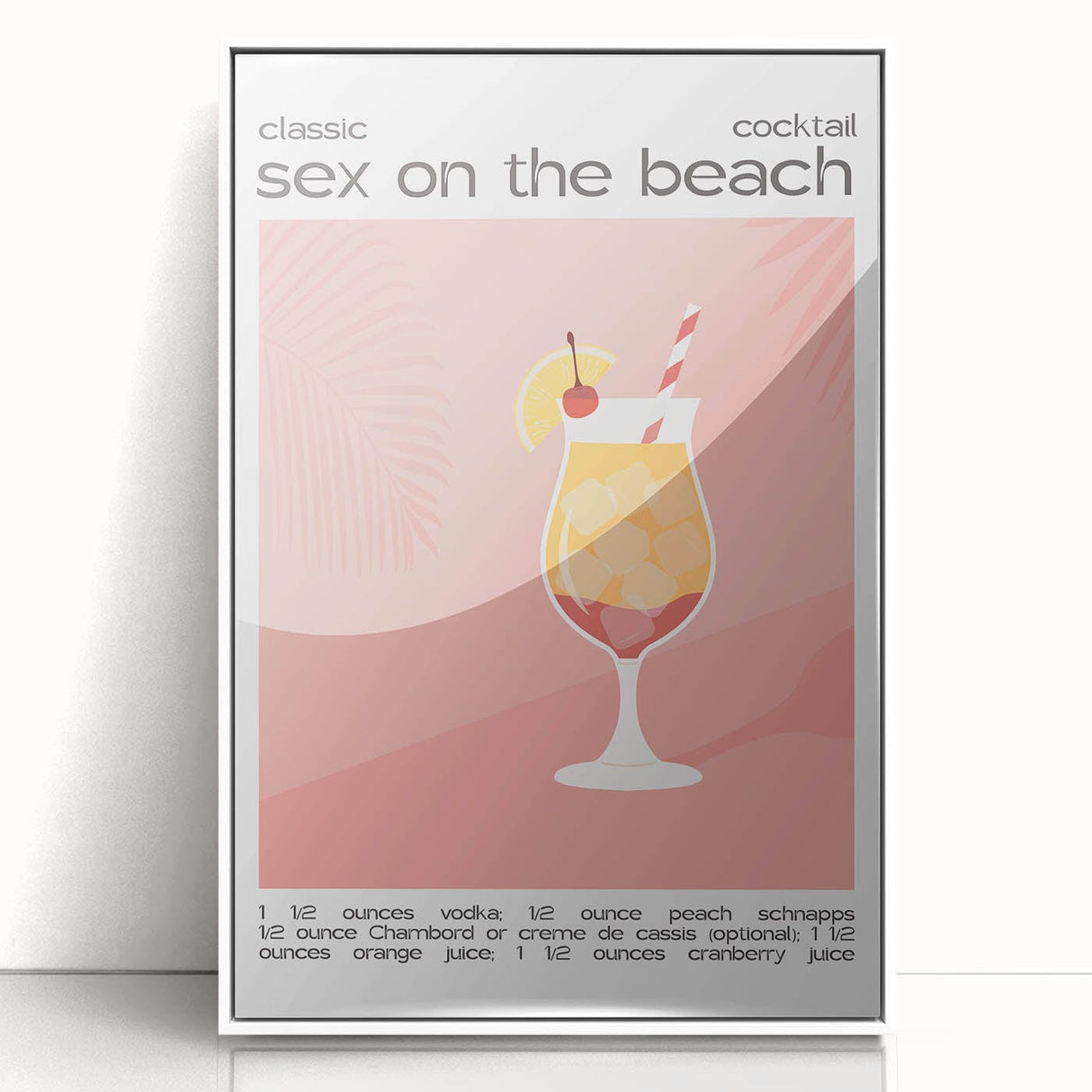 Art deco poster featuring stylized food and drink motifs in bold black and white, framed in acrylic.