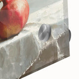 Close-up of large abstract wall art featuring assorted fruits in vibrant colors on acrylic glass.