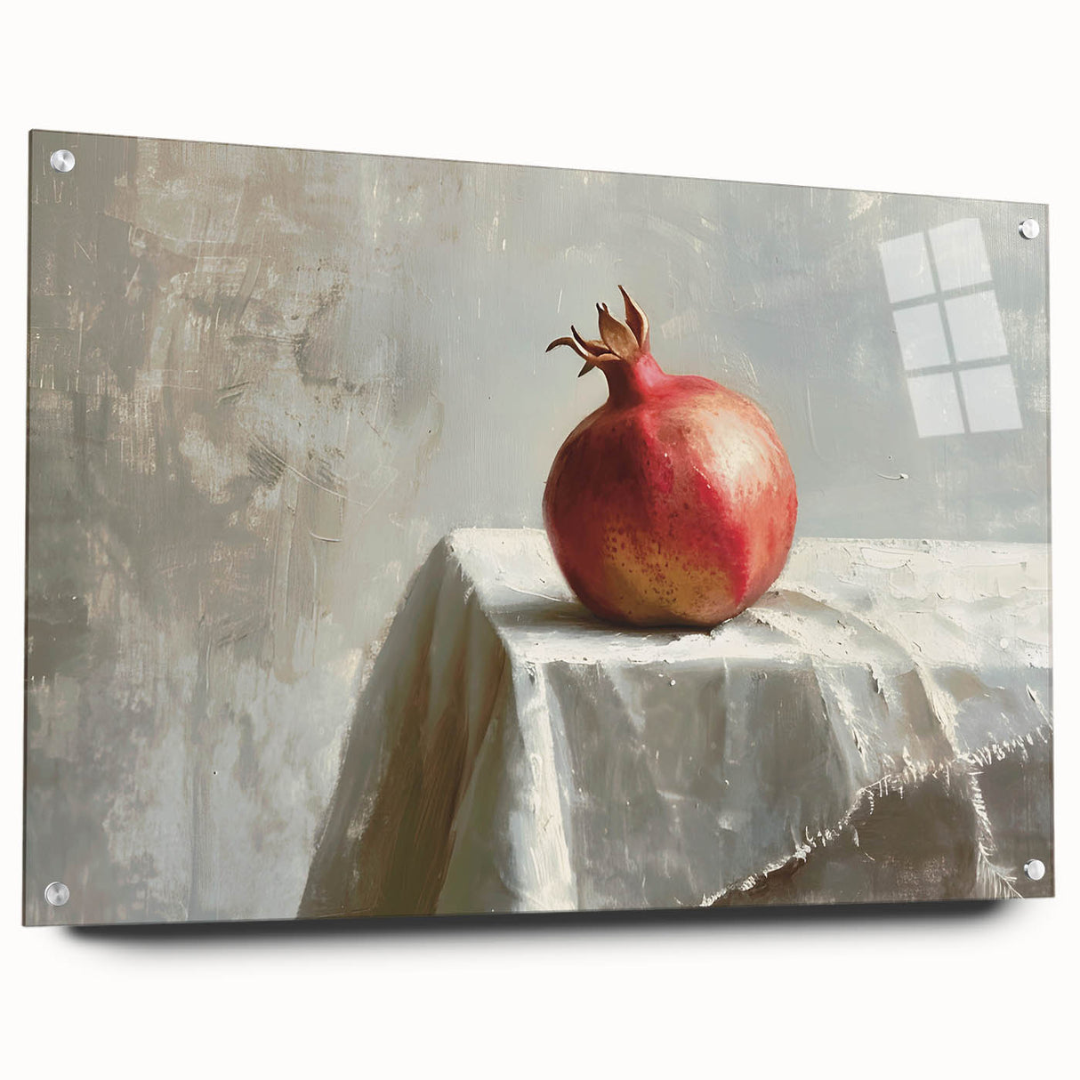 Large abstract wall art featuring assorted fruits in vibrant colors on acrylic glass, ideal for dining room decor.