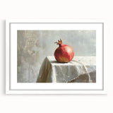 Abstract art print featuring assorted fruits in vibrant colors on a white framed mat, suitable for dining room decor.