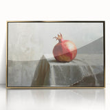 Large art print of assorted fruits in vibrant colors on a gold-framed acrylic, mid-century modernist style.