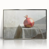 Mid-century modernist art featuring assorted fruits in vibrant colors, acrylic print in a silver frame.