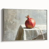 Landscape painting of colorful fruits on a black background, framed in silver, ideal for kitchen wall art.
