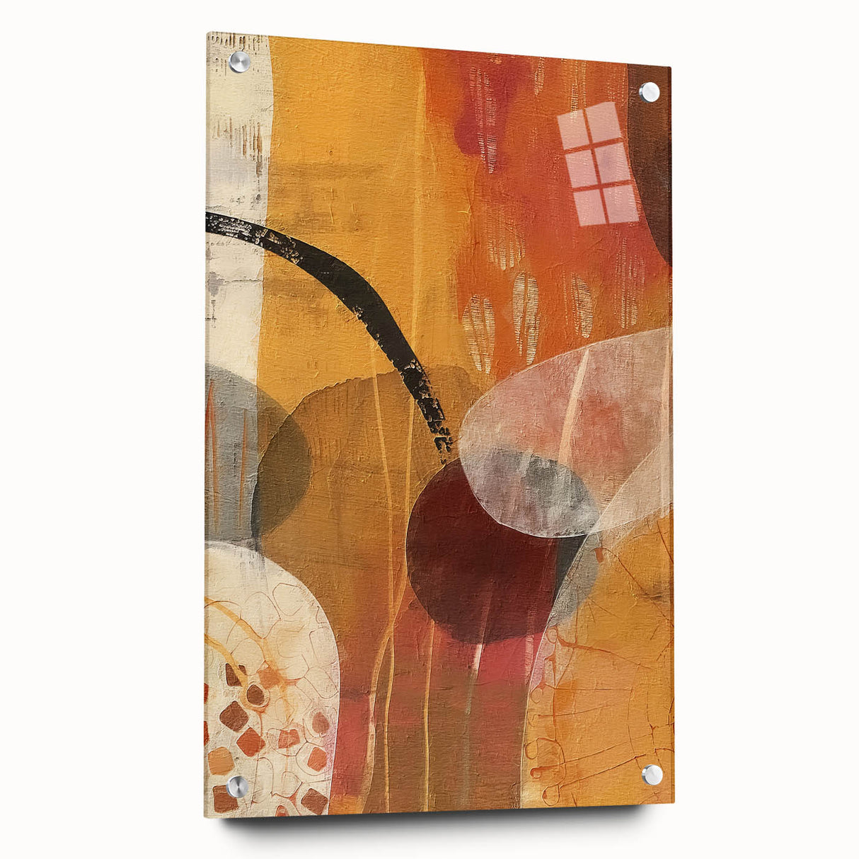 Large abstract wall art depicting autumnal trees on acrylic glass, with warm orange and red tones.