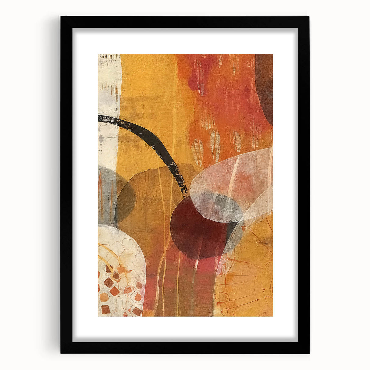 Extra large abstract art print depicting colorful, textured fall scenery in a black frame, ideal for living room decor.
