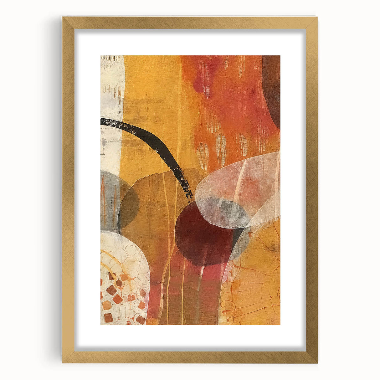 Extra large abstract art print with textured autumnal hues on a gold framed canvas, ideal for living room decor.