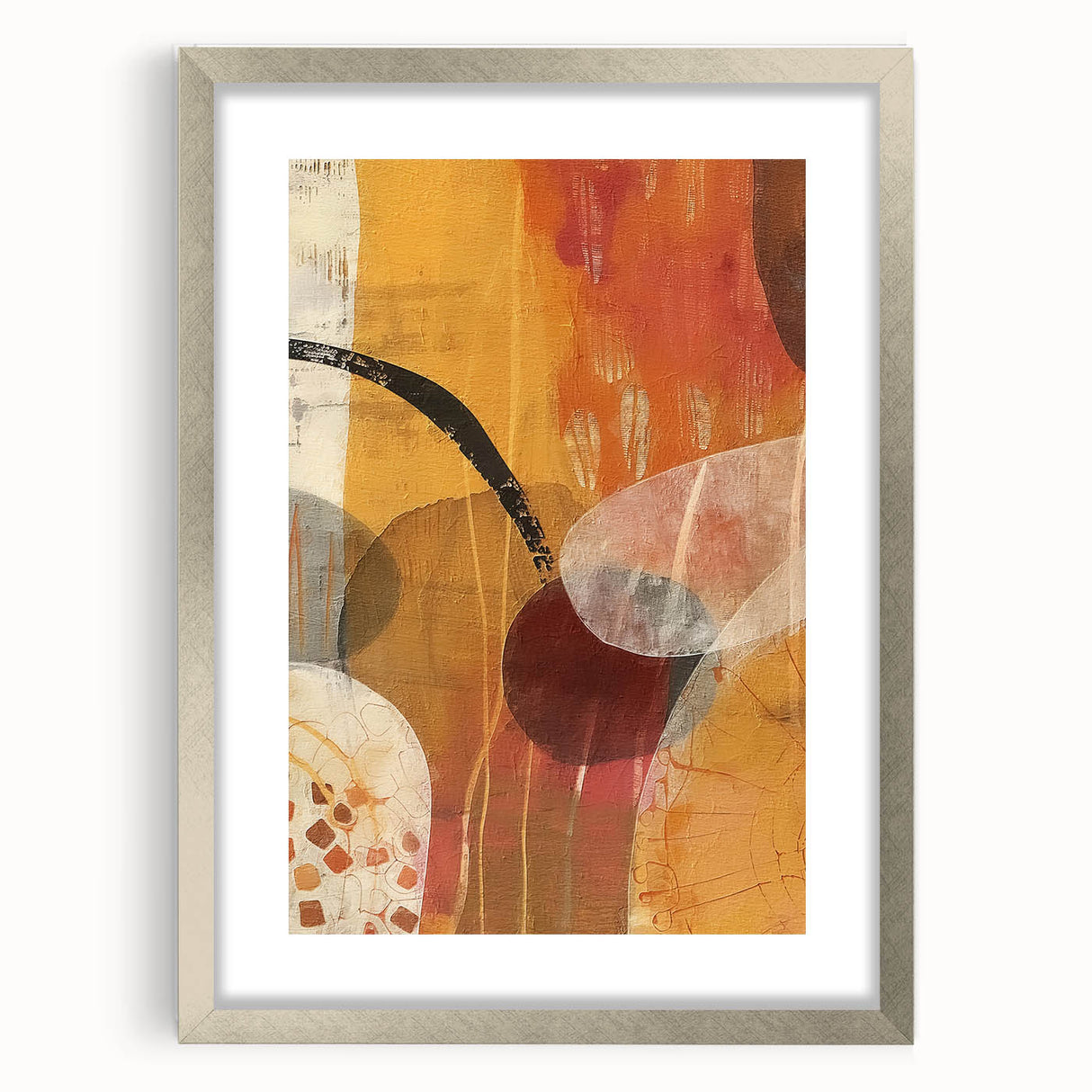 Textured abstract art print in warm autumn hues, framed in silver, ideal for bedroom ambiance.