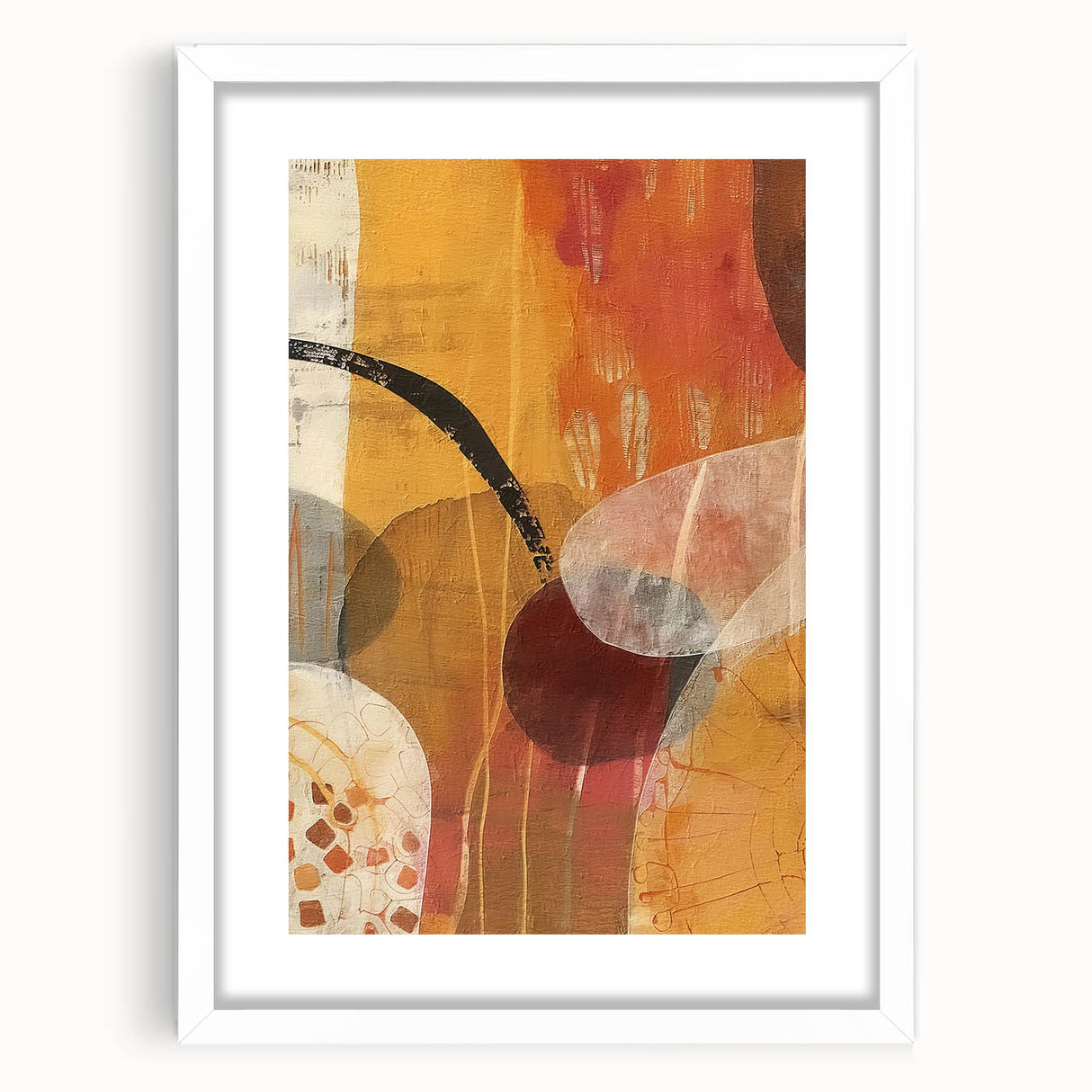 Abstract art print featuring warm autumnal hues on a white framed canvas, ideal for dining room decor.