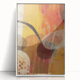 Art deco poster of a stylized fall landscape in orange and brown hues, framed in white acrylic.