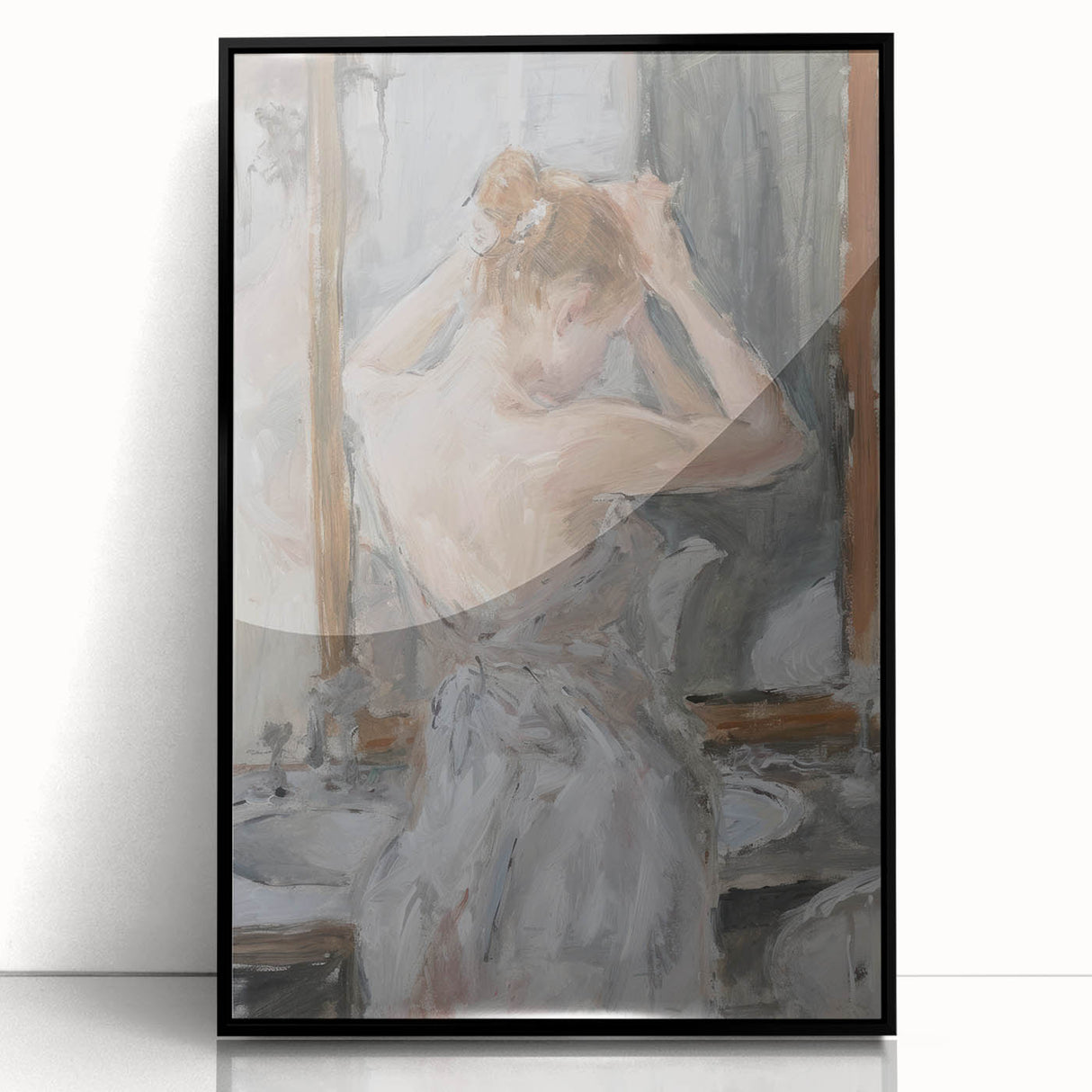 Abstract figurative art piece in a sleek black frame, showcasing vibrant colors and dynamic shapes, perfect for modern home decor or gallery display.