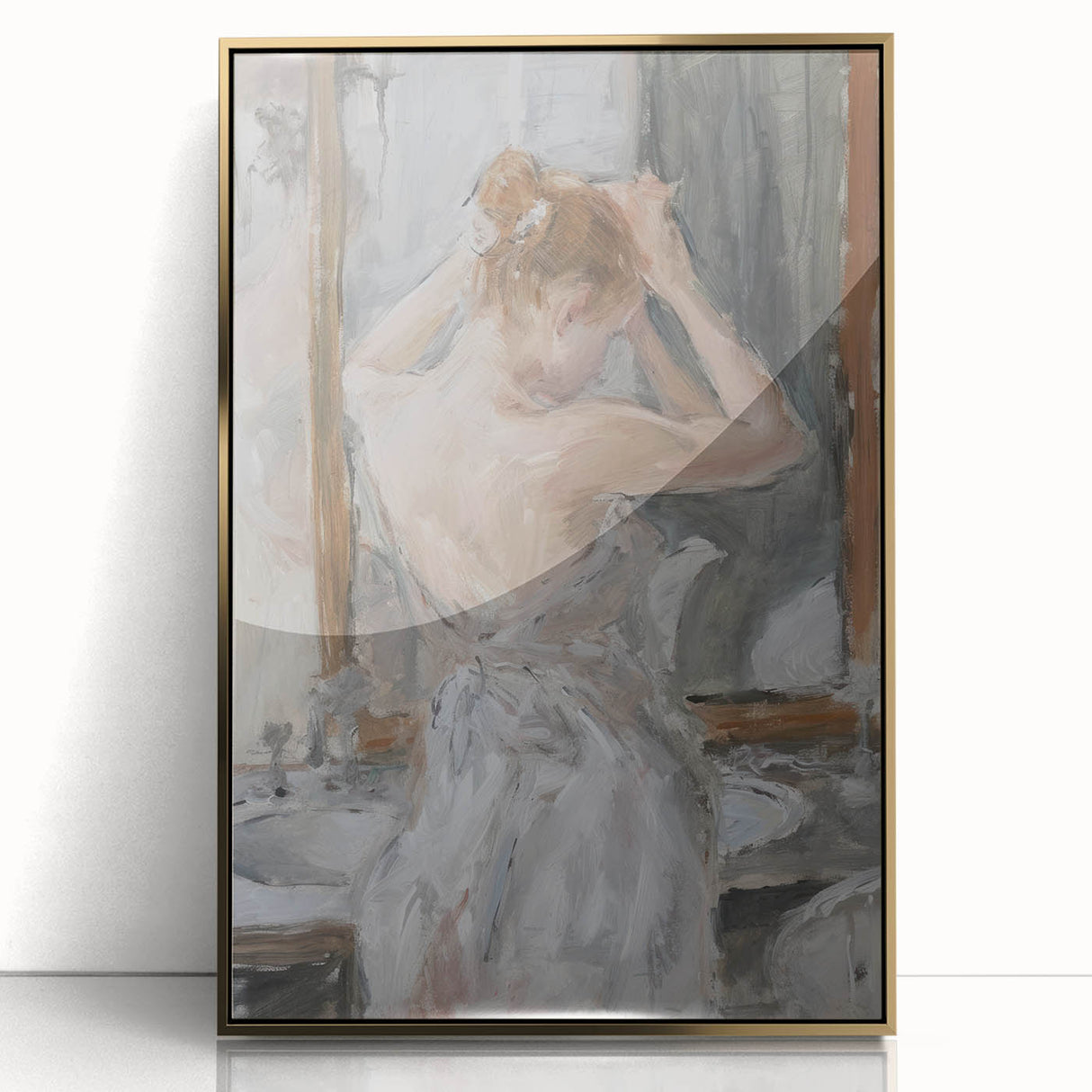 Abstract figurative art piece with a gold frame, showcasing vibrant colors and dynamic shapes, ideal for modern home decor or office settings.