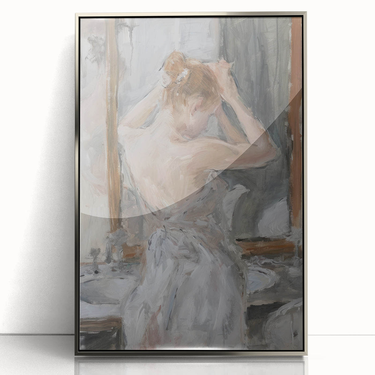Framed acrylic artwork featuring an abstract, figurative design with silver accents, showcasing a modern artistic style ideal for contemporary home decor.