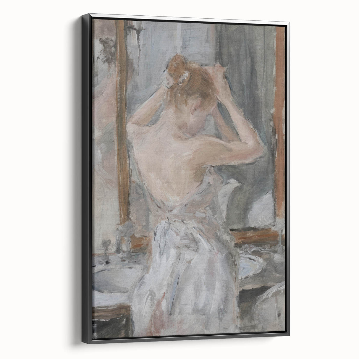 Framed abstract figurative canvas art showcasing a striking black design, viewed from the side, perfect for modern home decor and art enthusiasts.