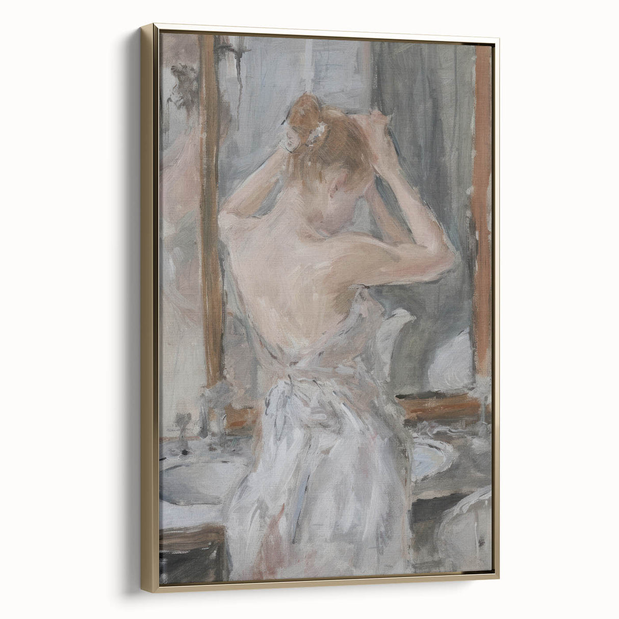 Abstract figurative framed canvas artwork with gold accents, showcasing a contemporary design. Ideal for modern home decor, adding elegance and style to any space.