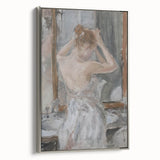 Framed abstract figurative canvas art with a sleek silver border, showcasing dynamic shapes and vibrant colors, ideal for modern home decor and artistic expression.